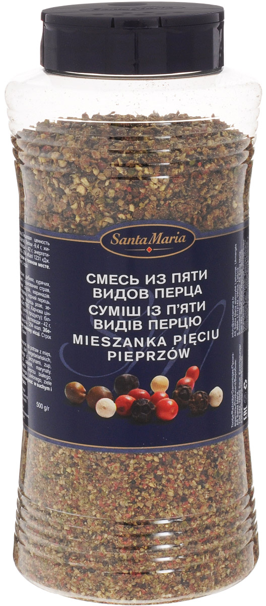 Santa Maria Смесь из пяти видов перца, 500 г17705 Santa Maria Смесь из пяти видов перца, 500 г17705Смесь из пяти видов перца объединяет в себе остроту черного, мягкость белого, изысканность розового, аромат зеленого и душистого перцев. Подходит для мясных, рыбных, куриных, вегетарианских и тушеных блюд, супов, салатных соусов и маринадов.Уважаемые клиенты! Обращаем ваше внимание, что полный перечень состава продукта представлен на дополнительном изображении.