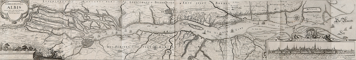 Эльба и окрестности. Панорамная гравюра. Нидерланды, середина XVII века
