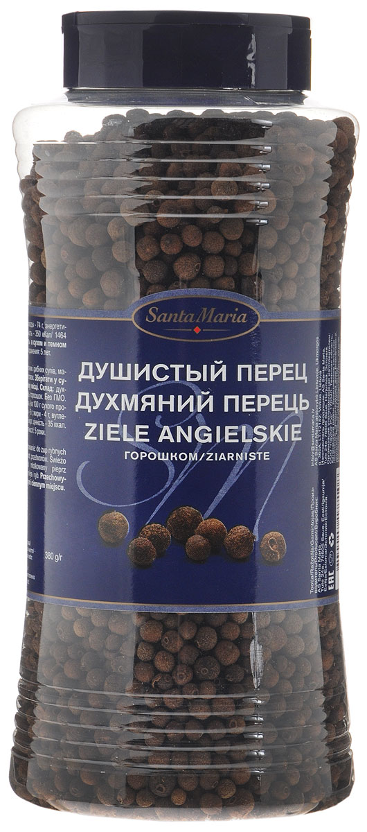 Santa Maria Душистый перец целый, 380 г17710 Santa Maria Душистый перец целый, 380 г17710Душистый перец имеет пряный запах, жгучий вкус и напоминает смесь черного перца, гвоздики, мускатного ореха и корицы. Для приготовления мясных и рыбных супов, маринадов и консервирования. Душистый перец горошком долго отдает свой вкус и аромат блюду.