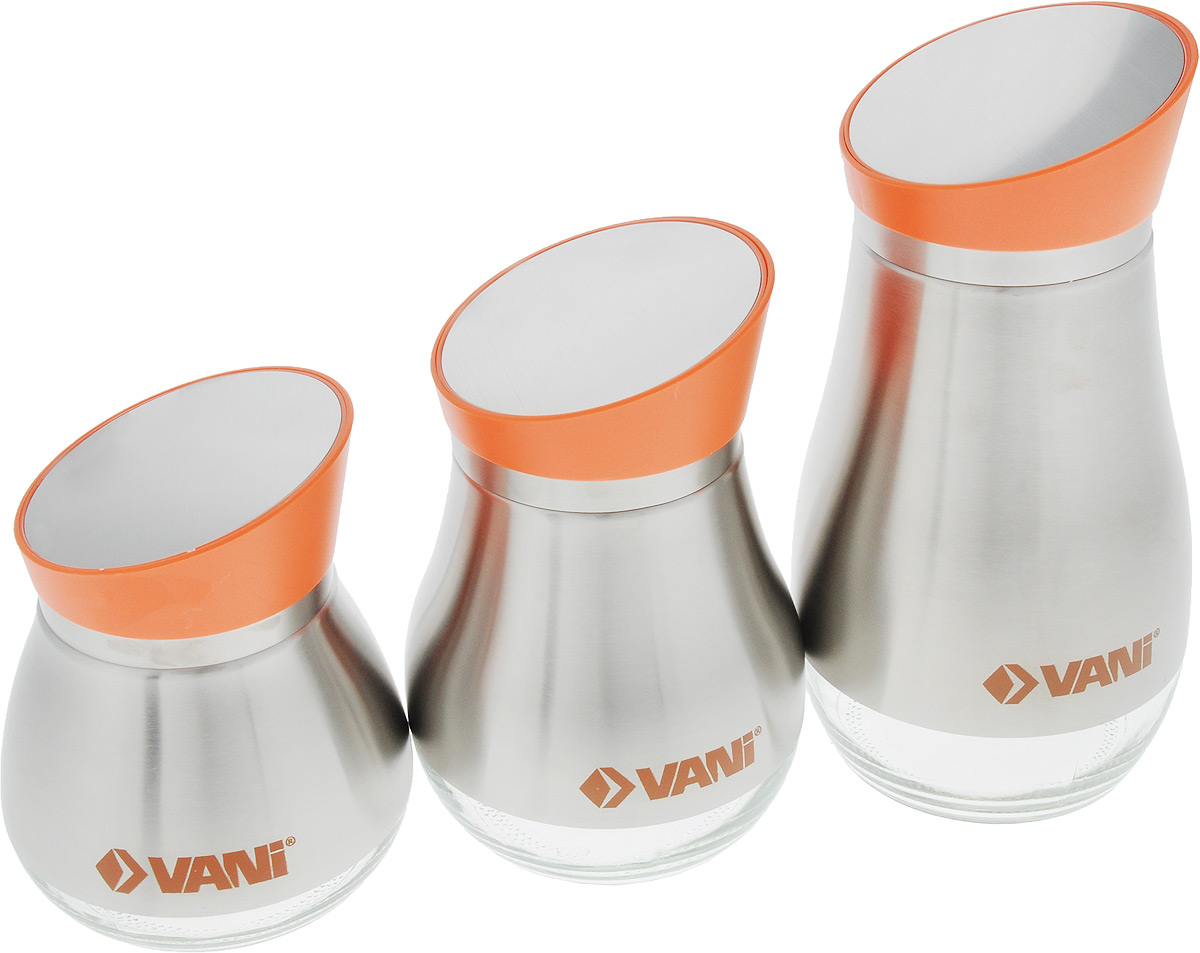 Набор банок для хранения сыпучих продуктов VANI, 3 штV9234 Набор банок для хранения сыпучих продуктов VANI, 3 штV9234Набор VANI состоит из трех банок для сыпучих продуктов. Емкости выполнены из экологически чистого стекла с обрамлением из нержавеющей стали. Каждая банка оснащена откручивающейся крышкой из пластика с отверстием. Банки сохраняют прекрасный внешний вид даже после многолетнего использования. Благодаря стеклянным стенкам вы всегда будете видеть остаток содержимого в банке.Во избежание повреждений поверхности не используйте для мытья металлические губки, абразивные материалы, хлор и кислотосодержащие очистители.Объем банок: 800 мл; 1,06 л; 1,55 л. Размер банок: 12,5 х 12,5 х 15,5 см; 13 х 13 х 19 см; 14 х 14 х 24,5 см.