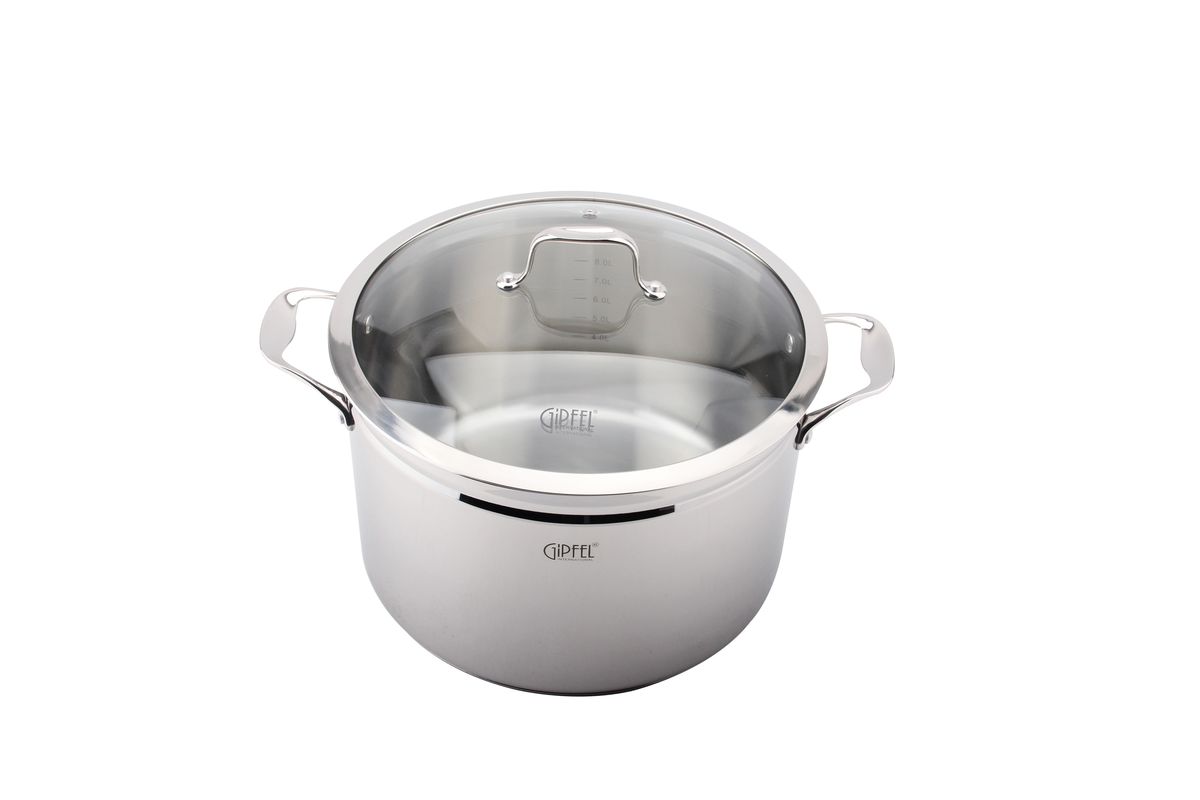Кастрюля Gipfel Grande, 11 л1281 Кастрюля Gipfel Grande, 11 л1281Кастрюля Gipfel Grande изготовлена только из качественных, экологически чистых материалов. Также уделяется особое внимание дизайну продукции, способному удовлетворять вкусы даже самых взыскательных покупателей. Сталь 8/10, из которой изготавливается посуда и аксессуары Gipfel, является уникальной. Она отличается высокими эксплуатационными характеристиками и крайне устойчива к физическим воздействиям. Сложно найти более подходящий для создания качественной кухонной посуды материал. Отличительной чертой металлической посуды, выполненной из подобной стали, является характерный сероватый оттенок поверхности и особый блеск. Преимущественной особенностью технологии является многослойное дно посуды, которое распределяет тепло по всей поверхности и позволяет сократить время приготовления пищи. Следует также отметить, что в посуде Gipfel можно готовить без воды и соли. Это позволяет приготовить более здоровую пищу.
