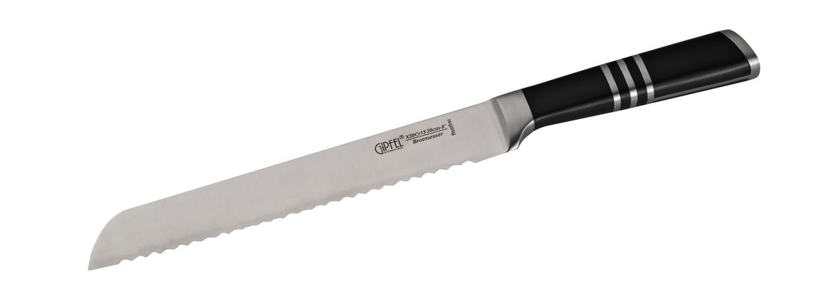 Нож для хлеба Gipfel Stillo, длина лезвия 20,3 см6670 Нож для хлеба Gipfel Stillo, длина лезвия 20,3 см6670Компания Gipfel использует для производства кухонных ножей высокоуглеродистую легированную нержавеющую сталь (с повышенным содержанием углерода). Ножи из высокоуглеродистой нержавеющей стали относятся к ножам более высокого класса. Эти ножи сочетают в себе все самые лучшие свойства углеродистой и нержавеющей стали. Высокое содержание углерода способствует долгому сохранению заточки, а нержавеющая сталь обеспечивает устойчивость к коррозии и пятнообразованию. Ножи из высокоуглеродистой стали имеют в составе сплава дополнительные элементы, например, молибден, ванадий. Их наличие способствует увеличению твёрдости, времени сохранения заточки и режущей способности. Для производства кухонных ножей Gipfel используются две разновидности высокоуглеродистой стали - X30Cr13 и X50CrMoV15. Благодаря технологиям ножи Gipfel прекрасно держат заточку, не ржавеют, очень прочны и легки в использовании и уходе.