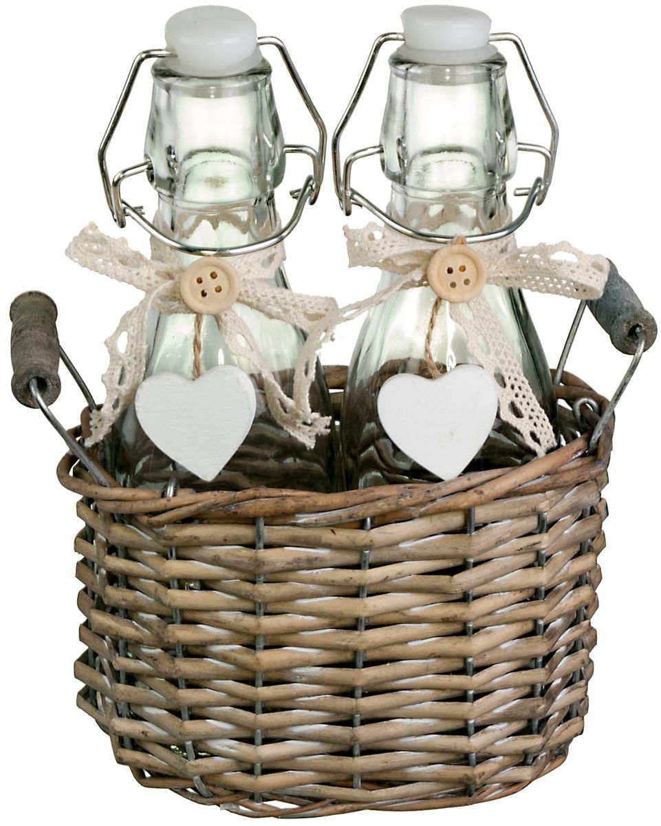 Набор емкостей Miralight Прованс, в корзине, 0,3 л, 2 шт. LB16-15LB16-15/2 Набор ёмкостей в корзине Прованс Набор емкостей Miralight Прованс, в корзине, 0,3 л, 2 шт. LB16-15LB16-15/2 Набор ёмкостей в корзине ПровансНабор Miralight Прованс, предназначенный для хранения жидких продуктов (масло, уксус. соус и др.), состоит из двух одинаковых винтажных стеклянных бутылок с фарфоровыми крышками, выполненных в прованском стиле, исостаренной корзинкой из ивовых прутьев с двумя ручкам. Съемные крышки плотно закрываются, дольше сохраняя продукты свежими.Набор Miralight Прованс займет достойное место на вашей кухне, а также станет отличным подарком каждой хозяйке. Объем одной емкости: 0,3 л.