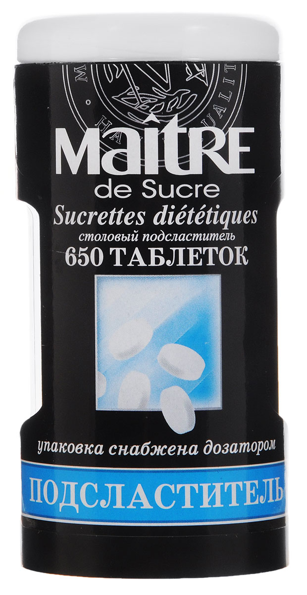 Maitre de Sucre подсластитель, 650 штнам010 Maitre de Sucre подсластитель, 650 штнам010Подсластитель в таблетках Maitre de Sucre на основе сахарина натрия и цикламата для подслащивания напитков и блюд.Сладость одной таблетки соответствует одной чайной ложке сахара. Упаковка снабжена дозатором. В дозаторе содержится 650 таблеток, что соответствует 3,25 кг сахара.Уважаемые клиенты! Обращаем ваше внимание, что полный перечень состава продукта представлен на дополнительном изображении.