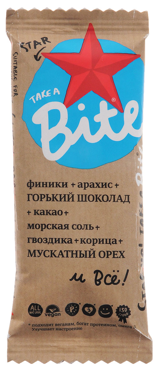 Take A Bite Шоколад-Мускатный орех Star батончик фруктово-ореховый, 45 г4650062590740 Take A Bite Шоколад-Мускатный орех Star батончик фруктово-ореховый, 45 г4650062590740Для тех, кто не боится менять стереотипы. Для сильных духом со здоровым телом.Будьте мечтой, будьте сильными вместе с батончиком Take A Bite Star.Уважаемые клиенты! Обращаем ваше внимание, что полный перечень состава продукта представлен на дополнительном изображении.