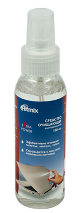 Ritmix RC-100BP Extra средство для ухода за электроникойRC-100BPEXTRA Ritmix RC-100BP Extra средство для ухода за электроникойRC-100BPEXTRARitmix RC-100BPExtra – это супермощный очиститель пластика. Средство предназначено для очистки корпусов мониторов, компьютеров, клавиатур, мышей и других изделий из пластика или металла. Также позволяет удалять загрязнения с тканей.Способ применения:Распылить средство на загрязненную поверхность.Выждать 2-3 минуты.Протереть поверхность салфеткой.Условия хранения:Хранить в недоступном для детей месте. При попадании в глаза обильно промыть водой (при необходимости обратиться к врачу).Хранить в отапливаемых помещениях при температуре от +1°С до +40°С.