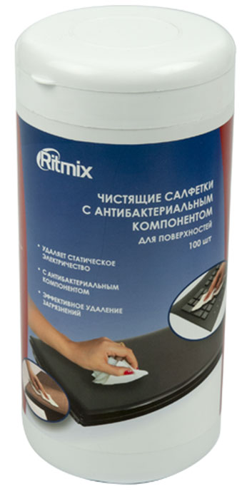 Ritmix RC-100TPA средство для ухода за электроникойRC-100TPA Ritmix RC-100TPA средство для ухода за электроникойRC-100TPAСалфетки Ritmix RC-100TPA предназначены для очистки пластиковых, ламинированных поверхностей компьютеров, аудио-, видео- и бытовой техники, мебели и любых других поверхностей.Способ применения:Открыть клапан.Достать салфетку.Плотно закрыть клапан (во избежание высыхания тщательно закрывайте клапан упаковки).Обработать поверхность.Условия хранения:Вскрытую упаковку плотно закрывать.Вскрытую упаковку использовать в течение 4-х месяцев.Хранить вдали от источников тепла и не подвергать воздействию прямых солнечных лучей.Хранить в недоступном для детей месте.Хранить в отапливаемых помещениях при температуре от 0 до +25 градусов по Цельсию.