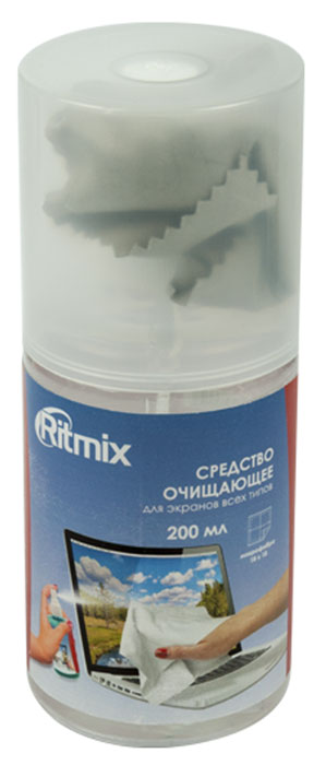 Ritmix RC-200BW средство для ухода за электроникойRC-200BW Ritmix RC-200BW средство для ухода за электроникойRC-200BWНабор Ritmix RC-200BW в составе спрея-очистителя и фибры предназначен для ухода и очистки экранов ноутбуков, ультрабуков, мониторов, телевизоров и панелей,планшетных компьютеров и других оптических поверхностей от пыли, грязи, отпечатков пальцев и жировых разводов.Способ применения:Снять крышку и распылить на обрабатываемую поверхность.Салфеткой убрать видимые загрязнения с поверхности.При необходимости повторить обработку.Плотно закрыть крышку.Рекомендации по использованию:Перед применением ознакомьтесь с инструкцией производителя оргтехники.Обработку рекомендуется проводить в холодном (выключенном) состоянии устройства.Для достижения максимального эффекта рекомендуется аккуратно убрать салфеткой видимые загрязнения с очищаемойповерхности, а затем протереть поверхность чистой стороной салфетки.Меры предосторожности:Применять только по назначению. Не употреблять внутрь.Хранить в недоступном для детей месте.При попадании в глаза промыть холоднойводой. В случае если раздражение не исчезнет, обратиться к врачу.
