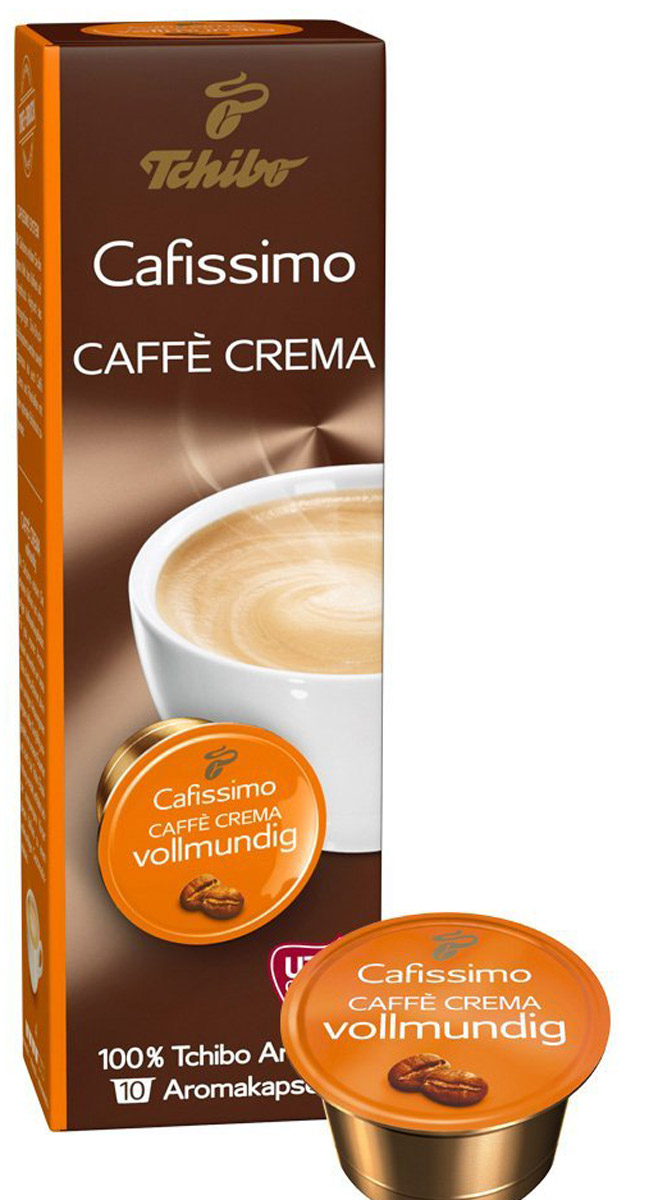 Cafissimo Caffe Crema Vollmunding кофе в капсулах, 10 шт464516 Cafissimo Caffe Crema Vollmunding кофе в капсулах, 10 шт464516Cafissimo познакомит вас с изысканным кофе, собранным на превосходных кофейных плантациях. Каждая кофейная капсула Tchibo содержит гармоничную композицию из лучших зерен Arabica, которые медленно вызревали на солнечных полях. Тщательно отобранные для вас профессионалами и прошедшие индивидуальную обжарку зерна Tchibo идеально раскрывают гармоничность вкуса, делая кофе истинным наслаждением для его ценителей.Уважаемые клиенты! Обращаем ваше внимание на то, что упаковка может иметь несколько видов дизайна. Поставка осуществляется в зависимости от наличия на складе.