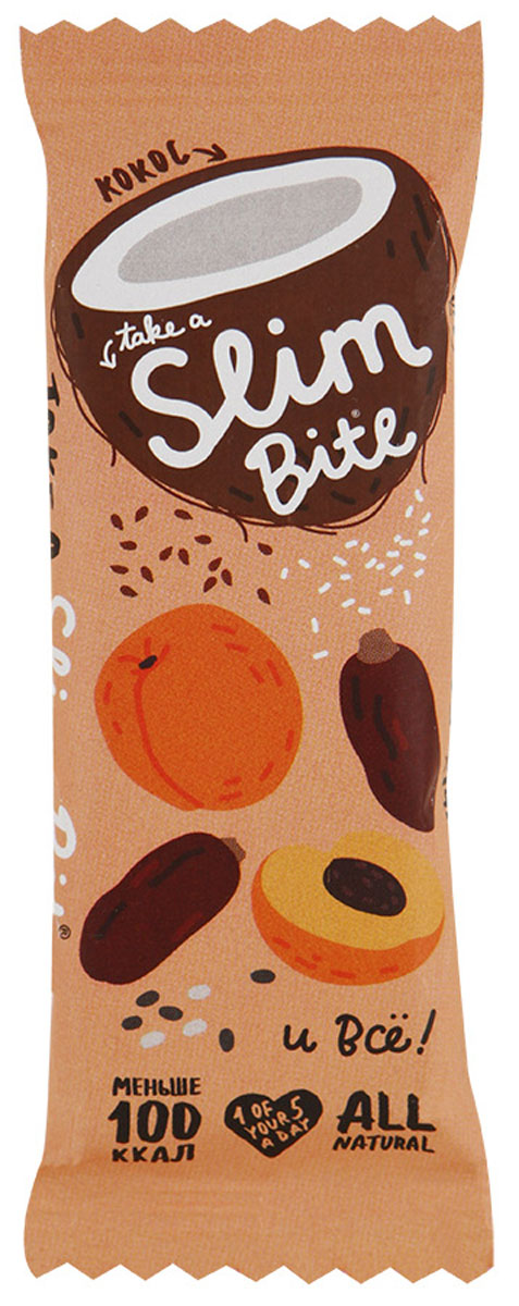 Take A Slim Bite Кокос батончик фруктово-ягодный, 30 г4650062591198 Take A Slim Bite Кокос батончик фруктово-ягодный, 30 г4650062591198Фруктово-ягодный батончик Take A Slim Bite - ничего лишнего: только финик, курага и много кокоса. Экзотический вкус натурального кокоса поднимет настроение и придаст энергии на весь день.Уважаемые клиенты! Обращаем ваше внимание, что полный перечень состава продукта представлен на дополнительном изображении.
