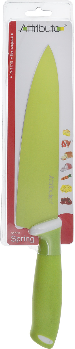 Нож поварской Attribute Knife Spring Green, длина лезвия 20 смAKZ520 Нож поварской Attribute Knife Spring Green, длина лезвия 20 смAKZ520Поварской нож Attribute Knife Spring Green применяется для нарезки, шинковки, измельчения любых продуктов. Оснащен ручкой из резиновой смеси. Вес ножа идеально распределен для удобства работы. Остроконечное лезвие выполнено из высококачественной нержавеющей стали. Упор для пальцев предотвращает порез руки.Длина лезвия: 20 см.Общая длина ножа: 33 см.