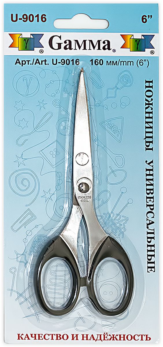 Ножницы универсальные Gamma, длина 16 смU-9016 Ножницы универсальные Gamma, длина 16 смU-9016Универсальные ножницы Gamma изготовлены из инструментальной стали и пластика. Используются для рукоделия, в офисе и быту для различных целей. Режущие поверхности сходятся идеально.Общая длина ножниц: 16 см.Длина лезвия: 7,5 см.
