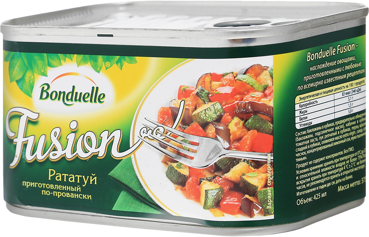 Bonduelle рататуй по-провански, 375 г4753 Bonduelle рататуй по-провански, 375 г4753Рататуй, который приготовлен по всем канонам: самые красивые овощи, качественное оливковое масло и идеально выверенное время приготовления для каждого овоща. Баклажаны, кабачки, перец, томаты и лук - все ингредиенты сохранили максимум вкуса, и ни один из них не пережарен. Подавайте рататуй с мясом, пастой или кускусом - и кулинарное блаженство не заставит себя ждать.Уважаемые клиенты! Обращаем ваше внимание, что полный перечень состава продукта представлен на дополнительном изображении.