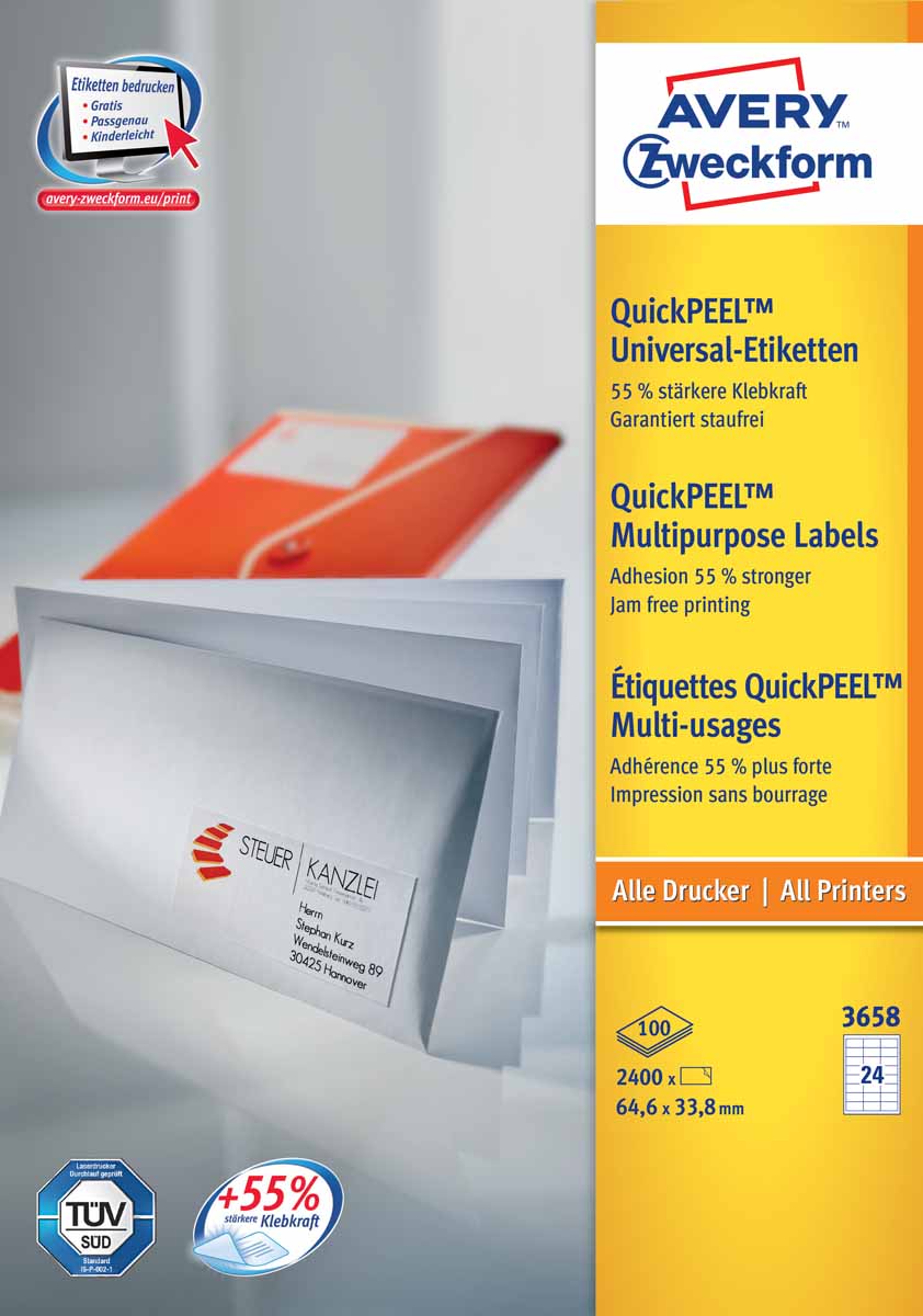 Avery Zweckform Этикетки самоклеящиеся универсальные Quick PEEL 64,6 х 33,8 мм 2400 шт 100 листов3658 Avery Zweckform Этикетки самоклеящиеся универсальные Quick PEEL 64,6 х 33,8 мм 2400 шт 100 листов3658Универсальные этикетки гарантируют высокое качество исполнения: идеальное решение для любых задач стандартной маркировки; легко оформить в Microsoft Word с помощью специальной программы Avery Desing & Print Online. Безопасная печать благодаря 4-х стороннему бесклеевому отступу QCT. Четкий отпечаток и надежная клейкость при всех типовых способах применения. Технология QuickPEEL позволяет быстро отклеивать этикетки. Предназначены для печати на всех видах принтеров.Вид принтера: струйный, лазерный, цветной лазерный принтер, копирТип клеящейся поверхности: перманентныеЦвет: белыйРазмеры: 64,6 х 33,8 ммКоличество листов в упаковке: 100Этикеток на листе: 24Этикеток в упаковке: 2400Форма: прямоугольная