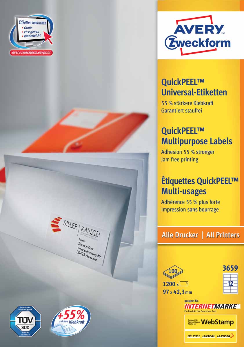 Avery Zweckform Этикетки самоклеящиеся универсальные Quick PEEL 97 х 42,3 мм 1200 шт 100 листов3659 Avery Zweckform Этикетки самоклеящиеся универсальные Quick PEEL 97 х 42,3 мм 1200 шт 100 листов3659Универсальные этикетки гарантируют высокое качество исполнения: идеальное решение для любых задач стандартной маркировки; легко оформить в Microsoft Word с помощью специальной программы Avery Desing & Print Online. Безопасная печать благодаря 4-х стороннему без клеевому отступу QCT. Четкий отпечаток и надежная клейкость при всех типовых способах применения. Технология QuickPEEL позволяет быстро отклеивать этикетки. Предназначены для печати на всех видах принтеров.Вид принтера: струйный, лазерный, цветной лазерный принтер, копирТип клеящейся поверхности: перманентныеЦвет: белыйРазмеры: 97 х 42,3 ммКоличество листов в упаковке: 100Этикеток на листе: 12Этикеток в упаковке: 1200Форма: прямоугольная