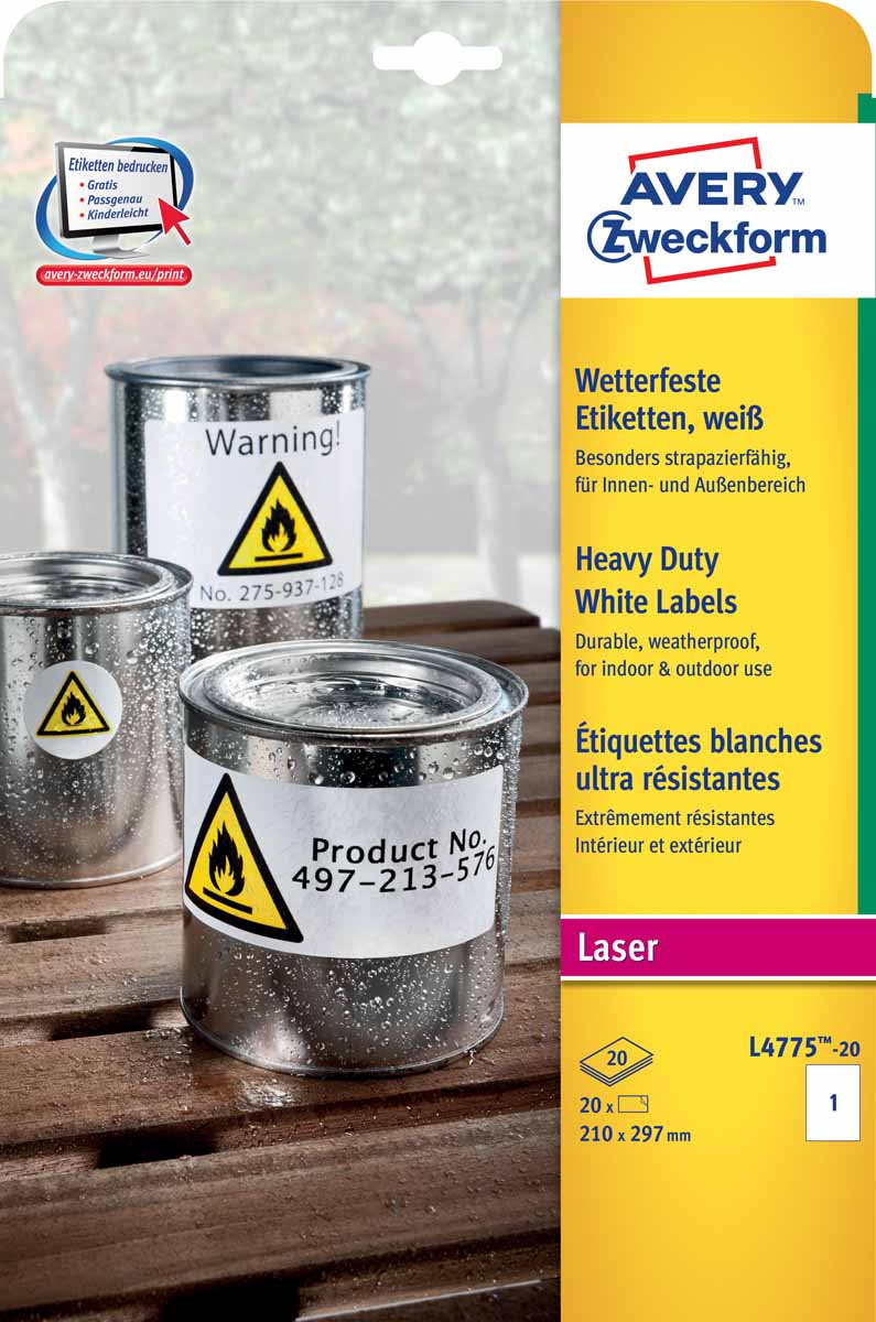 Avery Zweckform Этикетки всепогодные 210 х 297 мм 20 штL4775-20 Avery Zweckform Этикетки всепогодные 210 х 297 мм 20 штL4775-20Всепогодные полиэстерные этикетки - идеальное решение для маркировки в экстремальных условиях, где бумага справиться неспособна. Особо прочные этикетки устойчивы к воздействию загрязняющих веществ, влаги и перепадов температуры (от -20°С до +80°С). Масло-и UF-стойкие, грязеотталкивающие, моющиеся. Представлены в белом цвете. Предназначены для печати на лазерных и струйных принтерах и копировальных аппаратах.