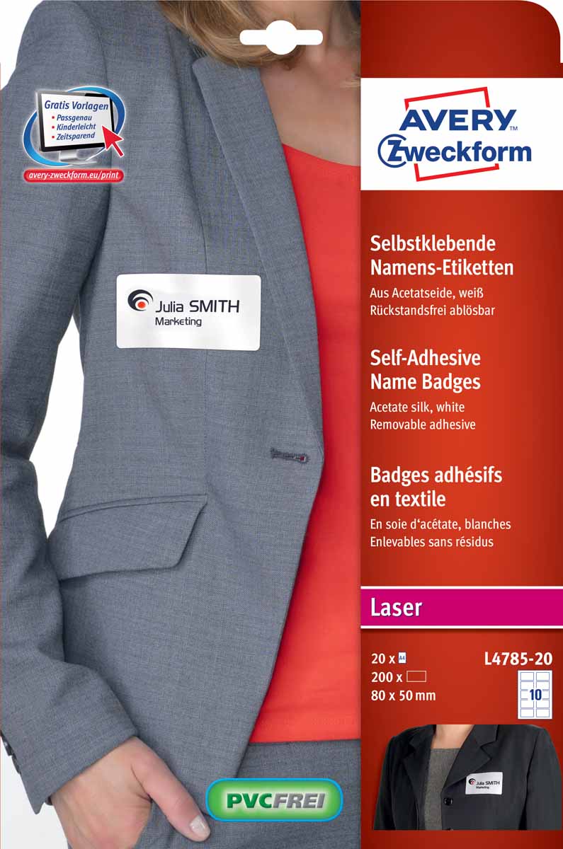 Avery Zweckform Бейдж самоклеящийся именной 80 х 50 мм цвет белыйL4785-20 Avery Zweckform Бейдж самоклеящийся именной 80 х 50 мм цвет белыйL4785-20Самоклеящиеся бейджи - идеальное решение для быстрого оформления бейджа, а также маркировки одежды. Подходит для печати на лазерных принтерах, также бейдж можно подписать от руки. Легко и быстро открепляется от одежды не оставляя следов. Сделаны из ацетатного шелка, не содержит поливинилхлорид. Легко оформить с помощью шаблонов и программ Avery Zweckform.Вид принтера: струйныйТип клеящейся поверхности: удаляемыйЦвет: белыйРазмеры: 80 х 50 ммКоличество листов в упаковке: 20Этикеток на листе: 10Этикеток в упаковке: 200Форма: прямоугольная