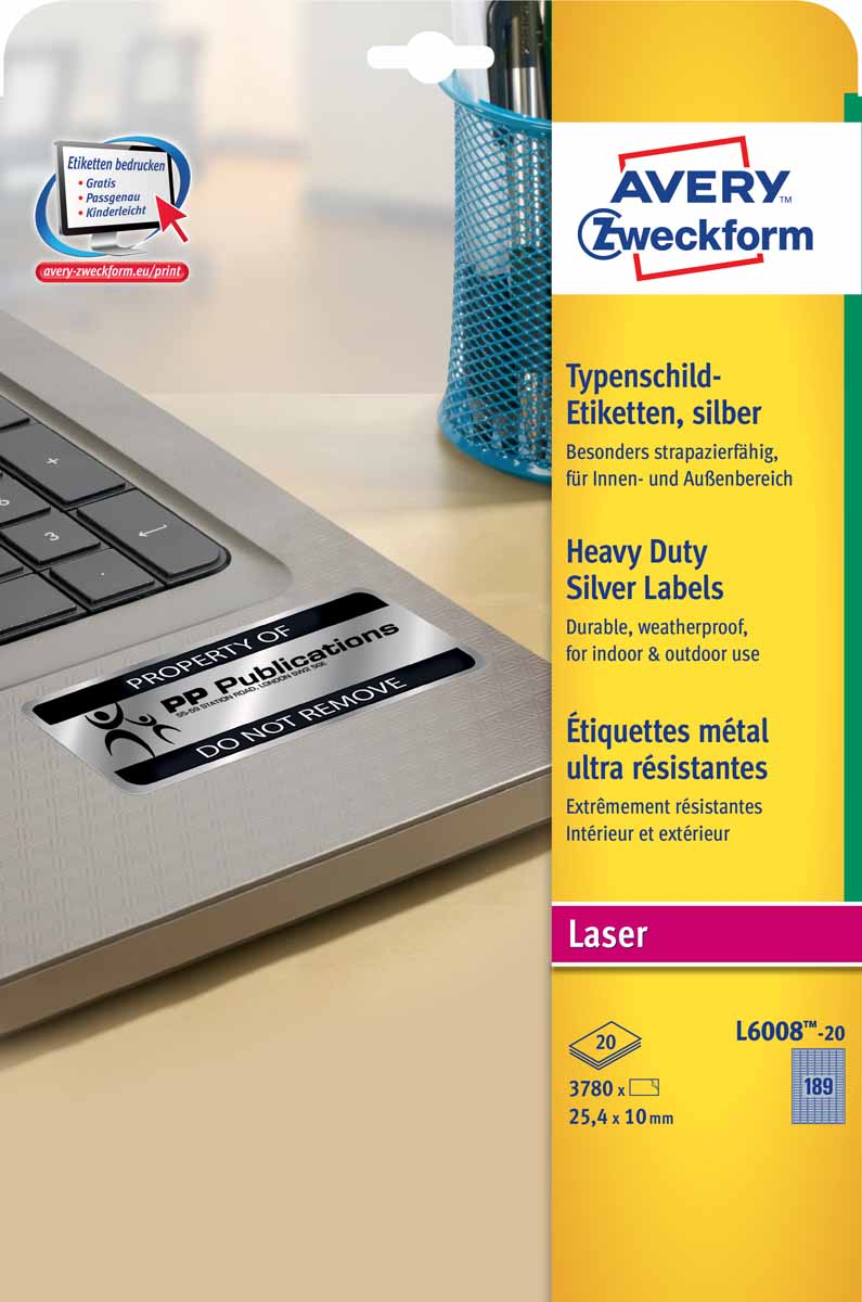 Avery Zweckform Этикетки серебристые полиэстерные 25,4 х 10 мм 20 листовL6008-20 Avery Zweckform Этикетки серебристые полиэстерные 25,4 х 10 мм 20 листовL6008-20Металлизированные этикетки, изготовлены из прочного полиэстера серебристого цвета. Предназначены для маркировки инвентаря, электронных компонентов, указания паспортных данных, инвентарной описи. Это изящное решение для архивов и дорогостоящих товаров. Устойчивы к воздействию загрязняющих веществ, влаги, UF-излучения и перепадов температур (от -20°С до +80°С). Прочно держатся как на гладкой, так и на неровной поверхности. Предназначены для печати на черно-белых лазерных принтерах.Вид принтера: лазерныйТип клеящейся поверхности: перманентныеЦвет: серебряныйРазмеры: 25,4 х 10 ммКоличество листов в упаковке: 20Этикеток на листе: 189Этикеток в упаковке: 3780Форма: прямоугольная
