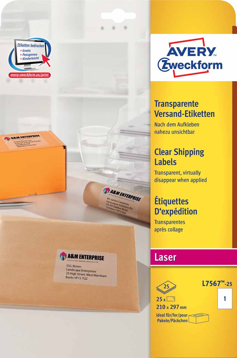 Avery Zweckform Этикетки адресные 21 х 297 мм 25 листовL7567-25 Avery Zweckform Этикетки адресные 21 х 297 мм 25 листовL7567-25Прозрачные адресные этикетки технологии быстрого отклеивания QuickPeel™ предназначены для печати на лазерных принтерах. Гарантированное мгновенное высыхание и великолепное качество отпечатка. Предназначены для конвертов, бандеролей и конвертов. Простота изготовления и печати с помощью программ для оформления этикеток.Вид принтера: лазерный, цветной лазерный принтер, копирТип клеящейся поверхности: перманентныеЦвет: прозрачныйРазмеры: 210 x 297 mmКоличество листов в упаковке: 25Этикеток на листе: 1Этикеток в упаковке: 25Форма: прямоугольная