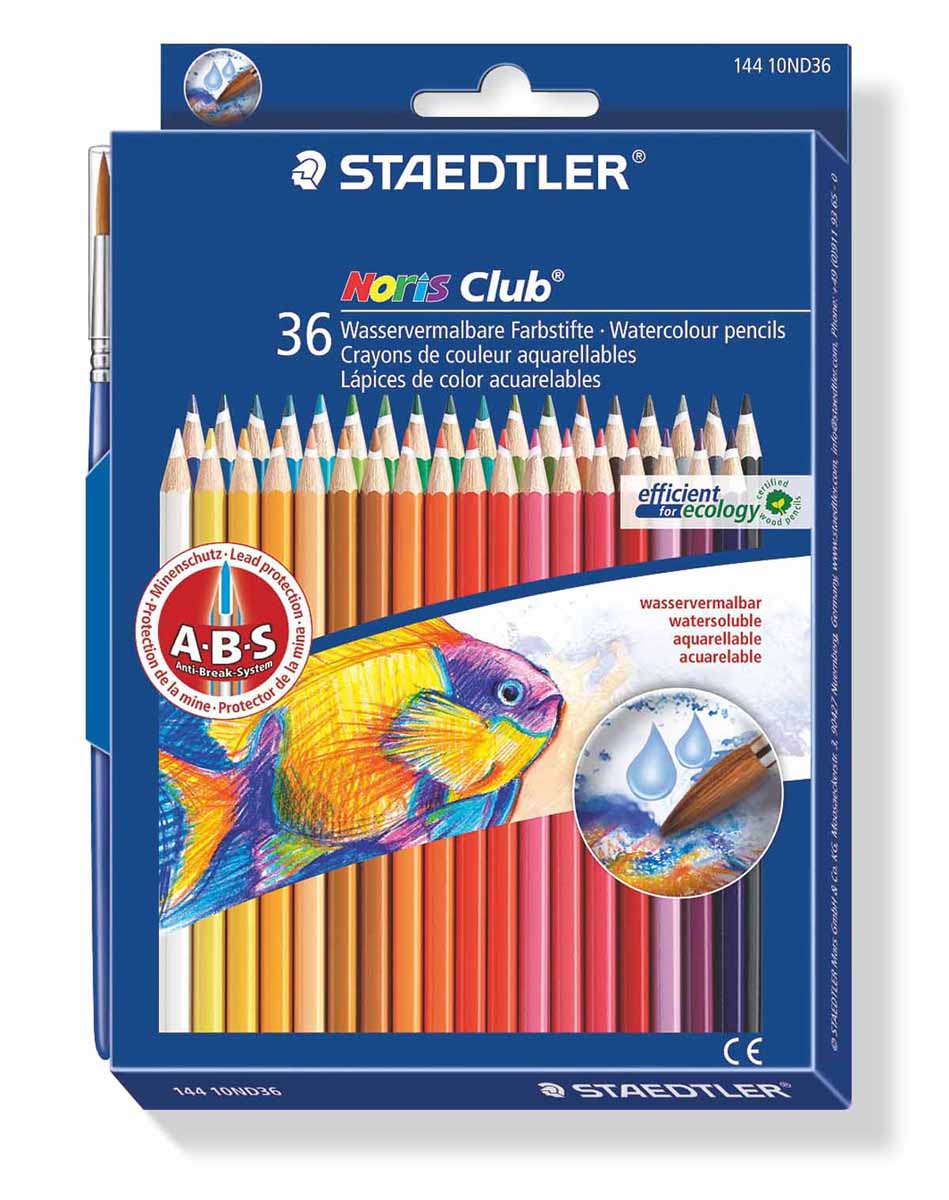 Staedtler Набор акварельных карандашей Noris Club с кисточкой 36 цветов14410ND36 Staedtler Набор акварельных карандашей Noris Club с кисточкой 36 цветов14410ND36Акварельные карандаши Staedtler Noris Club предназначены для школы и творческих мастерских.Хорошо размываются водой.Цвета легко смешиваются между собой, можно получить практически любой оттенок, при желании добившись нежного эффекта акварели.Интересный эффект достигается, когда рисунок наносится на предварительно смоченный картон или бумагу.Карандаши шестигранной формы, корпус выполнен из натурального дерева. Грифель, даже при падении карандаша, не ломается, так как надежно защищен системой ABS (anti breakage system) - дополнительным белым слоем.В комплекте идет кисточка с защитным колпачком.Акварельные карандаши соответствуют всем европейским стандартам.