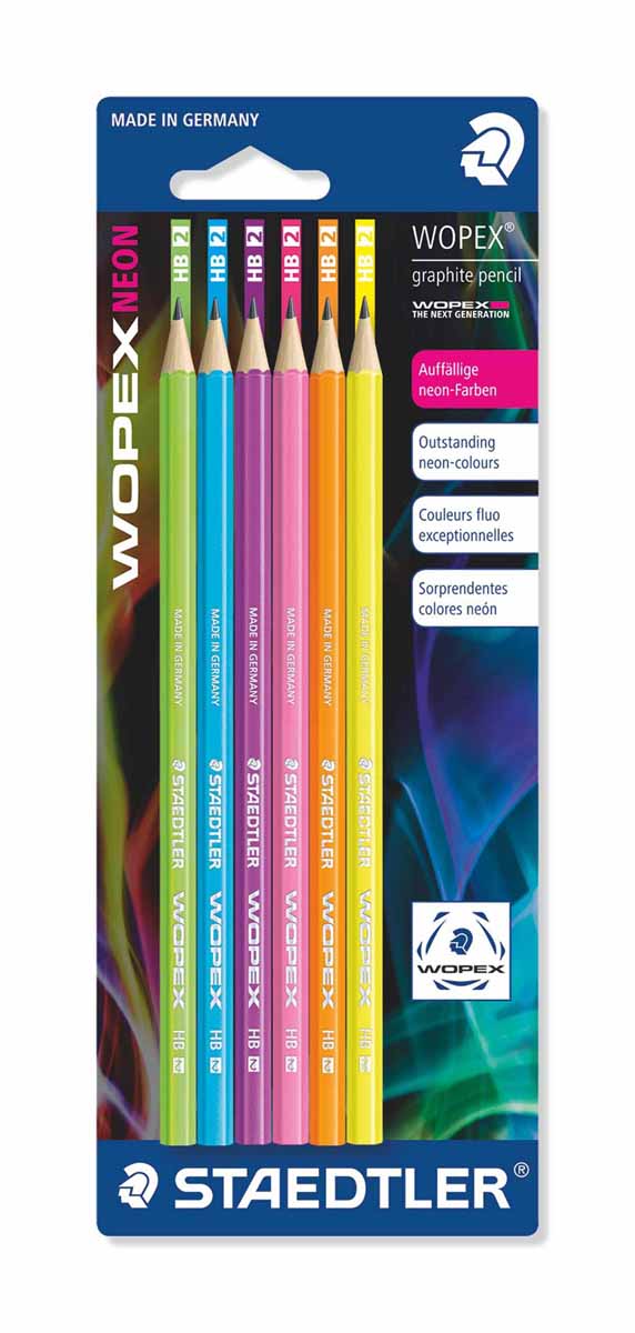 Staedtler Набор чернографитовых карандашей Wopex NEON HB 6 шт180FBK6 Staedtler Набор чернографитовых карандашей Wopex NEON HB 6 шт180FBK6Набор высококачественных чернографитовых карандашей Staedtler Neon изготовленных из уникального материала Wopex, который на 70% состоит из древесины.Отличаются особой прочностью, устойчивы к поломкам и имеют ударопрочный грифель.Шестигранный корпус мягкий и бархатистый на ощупь, карандаш не скользит в руке.В наборе 6 карандашей.