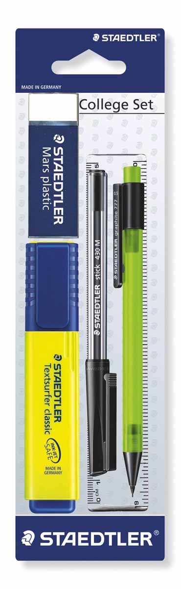 Staedtler Набор принадлежностей для письма 5 предметов364COLBKD Staedtler Набор принадлежностей для письма 5 предметов364COLBKDНабор пишущих принадлежностей Staedtler -это офисный набор для современных людей. В комплект входят: текстовыделитель с большим объемом светостойких флуорисцентных чернил, ластик без использования латекса, шариковая ручка, карандаш с прочным грифелем, линейка.Система автоматического выравнивания давления ручки предотвращает втекание чернил в самолете.