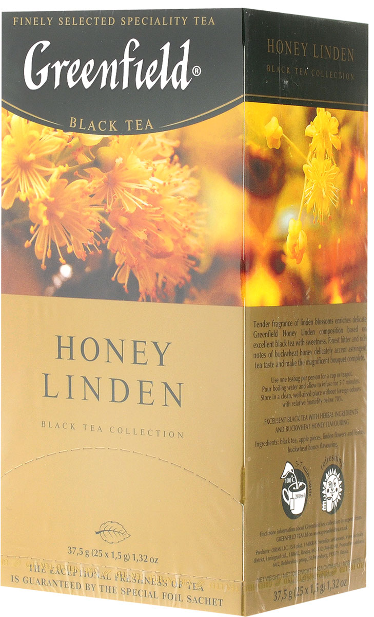 Greenfield Honey Linden черный чай с липой и медом в пакетиках, 25 шт1119-10 Greenfield Honey Linden черный чай с липой и медом в пакетиках, 25 шт1119-10Greenfield Honey Linden - превосходный купаж черного чая и липы с добавлением тонкой сладости гречишного меда. Нежное благоухание цветов липы наполняет душистой сладостью изысканную композицию, созданную на основе превосходного черного чая. Тончайшая горьковато-пряная нота гречишного меда деликатно подчеркивает терпкие оттенки чайного вкуса, придавая завершенность великолепному букету.
