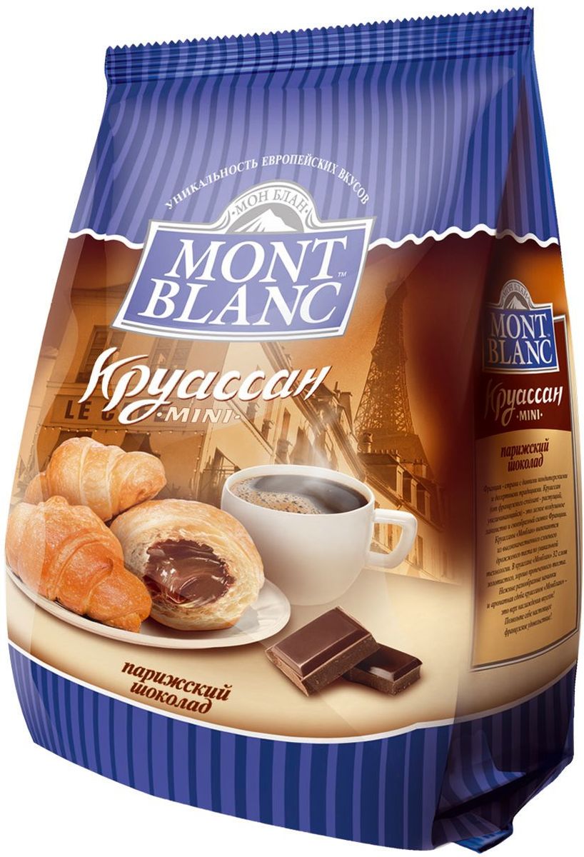 Mont Blanc круассаны мини Парижский шоколад, 200 г70002 Mont Blanc круассаны мини Парижский шоколад, 200 г70002Французские мини-круассаны с начинкой в виде крема или джема. Виды: Клубника, Ваниль, Орех, Вишня, Сливки, Абрикос, Шоколад, Карамель, Микс.