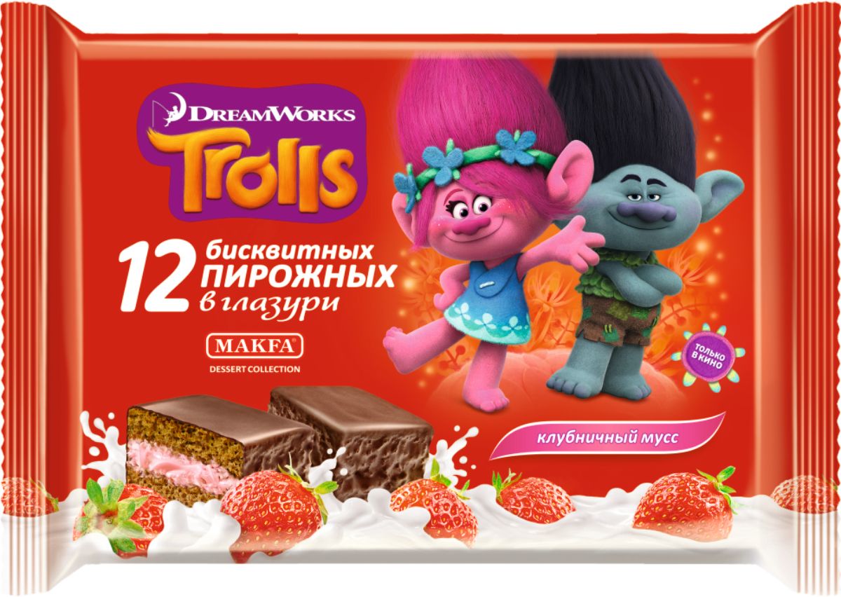 Makfa Trolls пирожное бисквитное Клубничный мусс, 216 г70530 Makfa Trolls пирожное бисквитное Клубничный мусс, 216 г70530Мягкий бисквит и много вкусной начинки Клубничный мусс, а сверху пирожные покрыты молочной глазурью!Пирожные TROLLS содержат натуральные молочные, яичные и какао-продукты. Идеальное лакомство для детей и взрослых!