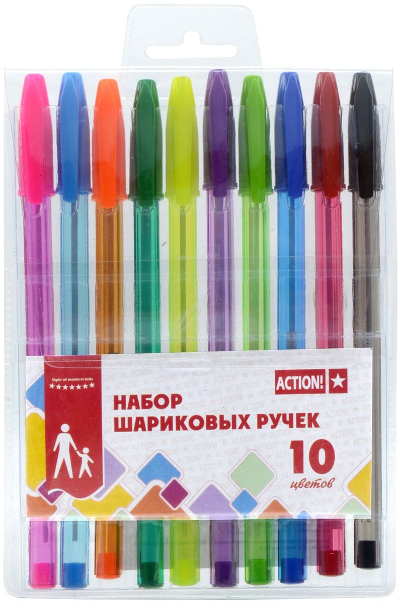 Action! Набор шариковых ручек 10 цветов ABP1001ABP1001 Action! Набор шариковых ручек 10 цветов ABP1001ABP1001Набор Action! содержит шариковые ручки 10 ярких сочных цветов. Ручки выполнены в корпусах из цветного пластика (цвет корпуса соответствует цвету чернил).