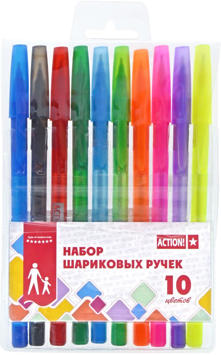 Action! Набор шариковых ручек 10 цветов ABP1004ABP1004 Action! Набор шариковых ручек 10 цветов ABP1004ABP1004Набор из 10 шариковых ручек Action! отлично подойдет для оформления конспектов и других текстов, а также альбомов, дневников и открыток.Корпус изделий выполнен из матового пластика, цвет колпачка соответствует цвету чернил, имеется резиновый упор под пальцы.