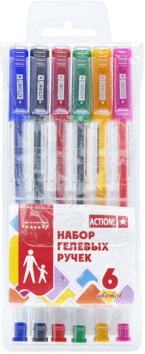 Action! Набор гелевых ручек 6 цветов AGP0601AGP0601 Action! Набор гелевых ручек 6 цветов AGP0601AGP0601Пластиковый прозрачный корпус в цвет чернил. Диаметр шарика – 0,5 мм. 6 цветов. В ПВХ-пенале с европодвесом.