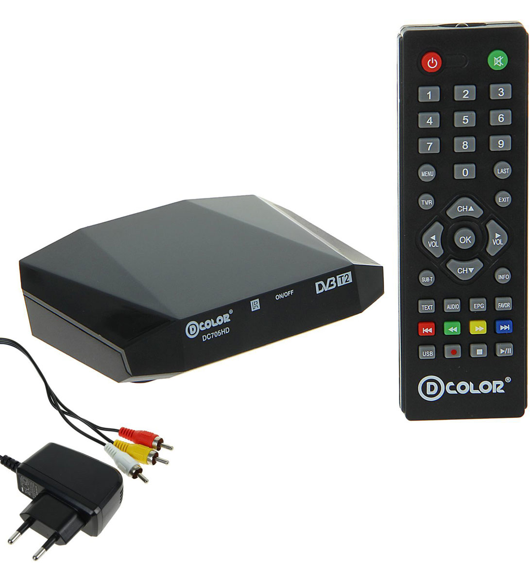 D-Color DC705HD DVB-T2 цифровой ТВ-тюнер4603725280878 D-Color DC705HD DVB-T2 цифровой ТВ-тюнер4603725280878Цифровой ТВ-тюнер D-Color DC705HD отвечает всем самым современным требованиям к цифровым ресиверам. Новейшее ПО и качественные комплектующие позволяют передавать четкую, яркую, сочную картинку даже в самых отдаленных регионах России.Процессор: Ali 3821Тюнер: R836Тип корпуса: пластик