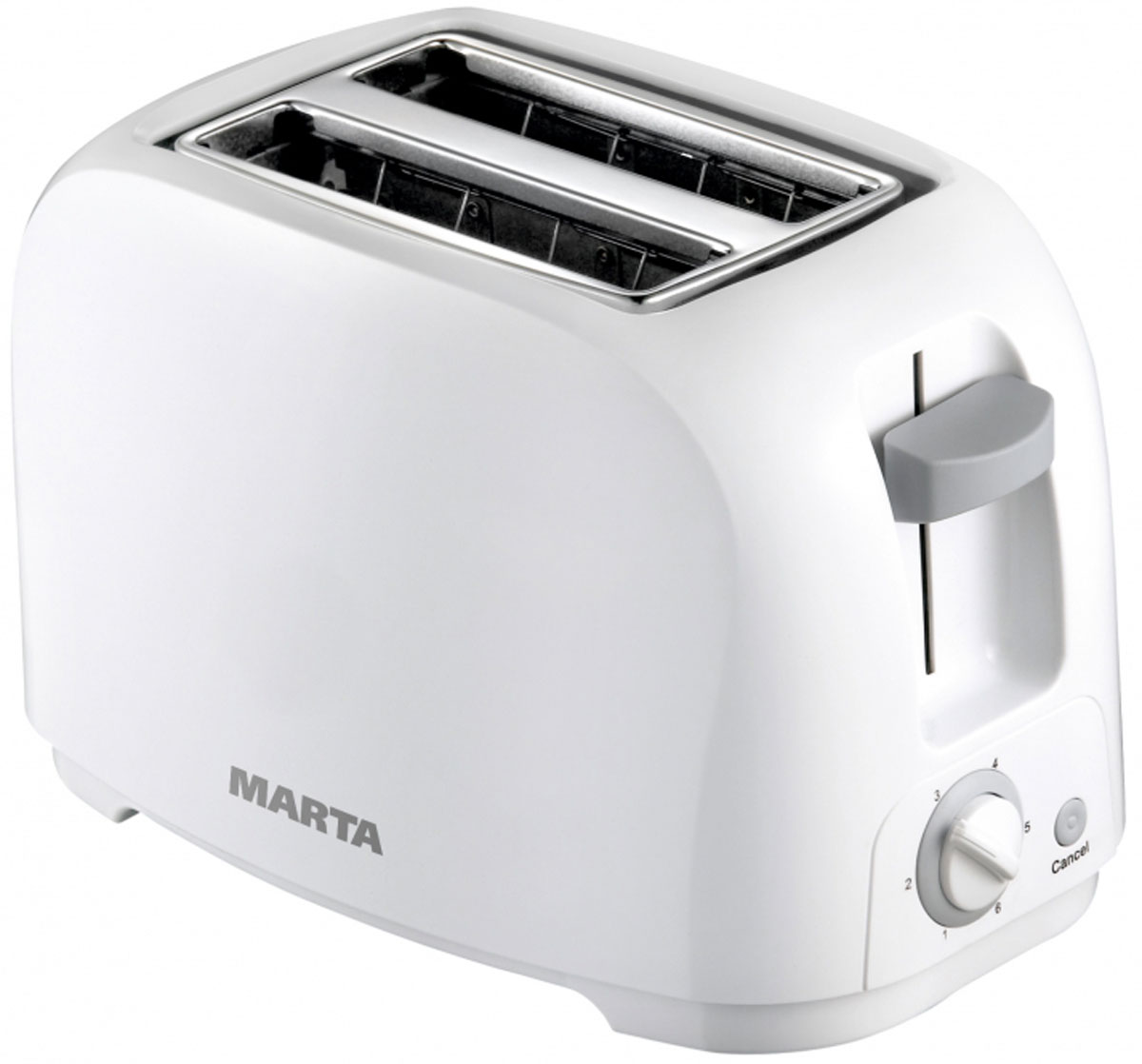 Marta MT-1708, White тостерMT-1708 Marta MT-1708, White тостерMT-1708Тостер Marta MT-1708 в корпусе из термостойкого пластика, 6 режимами работы и плавной регулировкой мощности. 6 режимов обжаривания позволят получить хрустящие равномерно обжаренные тосты из любых сортов хлеба - от светлого пшеничного до темного ржаного. Тостер оснащен двумя отсеками для одновременного обжаривания двух кусочков хлеба, а съемный поддон для крошек существенно упрощает его очистку. Функция автоматического отключения тостера при перегреве исключает риск его повреждения, а материал корпуса – опасность обжечься. Тостер удачно впишется в дизайн любой кухни и наполнит ее великолепным ароматом обжаренного хлеба.