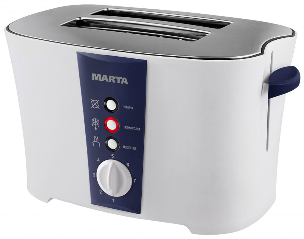 Marta MT-1709, Dark Blue тостерMT-1709 Marta MT-1709, Dark Blue тостерMT-1709Тостер Marta MT-1709 в корпусе из термостойкого пластика с подсветкой кнопок и плавной регулировкой мощности. 7 режимов обжаривания позволят получить хрустящие равномерно обжаренные тосты из любых сортов хлеба - от светлого пшеничного до темного ржаного. Благодаря функции подогрева остывшие тосты станут снова горячими и аппетитными, а для использования замороженного хлеба используйте функцию разморозки. Тостер оснащен двумя отсеками для одновременного обжаривания двух кусочков хлеба, а съемный поддон для крошек существенно упрощает его очистку. Функция автоматического отключения тостера при перегреве исключает риск его повреждения, а материал корпуса – опасность обжечься. Тостер удачно впишется в дизайн любой кухни и наполнит ее великолепным ароматом обжаренного хлеба.