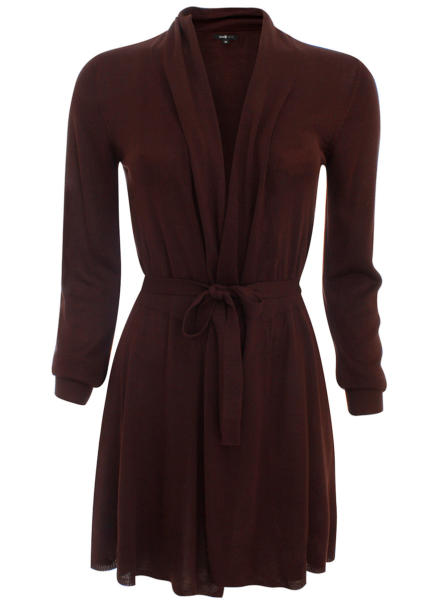 Кардиган женский oodji Collection, цвет: темно-коричневый. 73212192-1/33059/3900N. Размер 40 (46)73212192-1/33059/3900N Кардиган женский oodji Collection, цвет: темно-коричневый. 73212192-1/33059/3900N. Размер 40 (46)73212192-1/33059/3900NТрикотажный кардиган oodji изготовлен из качественного смесового материала. Модель без застежки дополнена поясом, рукава с вязаными резинками.