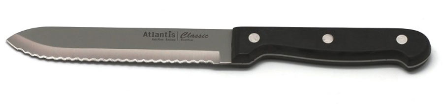 Нож Atlantis Classic, для томатов, длина лезвия 14 см24715-SK Нож Atlantis Classic, для томатов, длина лезвия 14 см24715-SKНож для томатов Atlantis Classic изготовлен из высококачественной стали. Такой нож с особой формой режущей кромки, прекрасно подойдет для обработки томатов. Рукоятка, выполненная из пластика с оформлением под дерево, удобно лежит в руке, не скользит и делает резку удобной и безопасной.Практичный и функциональный нож Atlantis Classic займет достойное место среди аксессуаров на вашей кухне. Характеристики:Материал: сталь, пластик. Общая длина ножа: 25,5 см. Длина лезвия: 14 см. Ширина лезвия: 2,5 см. Размер упаковки: 31,5 см х 5,5 см х 2 см. Артикул: 24715-SK.