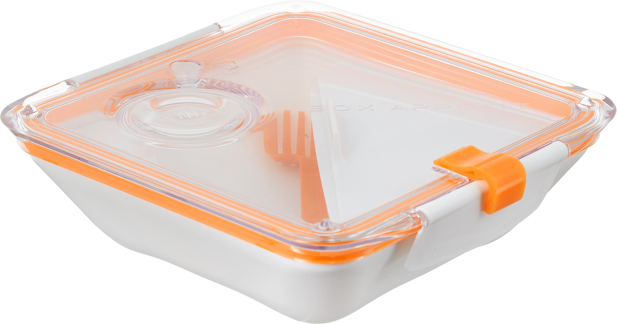 Ланч-бокс Black+Blum Box Appetit, с емкостями и вилкой, цвет: оранжевый, белый, 4 предметаBA003 Ланч-бокс Black+Blum Box Appetit, с емкостями и вилкой, цвет: оранжевый, белый, 4 предметаBA003Ланч-бокс Black+Blum Box Appetit изготовлен из полипропилена. Изделие плотно закрывается на надежную вакуумную крышку с силиконовой прокладкой. Еда из отделений не перемешивается между собой. В комплекте имеются специальные емкости для соусов и гарниров, а также вилка, которая крепится на корпус. Практичный и удобный ланч-бокс Box Appetit займет достойное место среди посуды на вашей кухне. Можно мыть в посудомоечной машине и использовать в микроволновой печи.Объем контейнера: 880 мл. Размер контейнера (с учетом крышки): 19,5 х 19 х 6 см. Размер емкостей: 18,5 х 10 х 4,2 см; 7,8 х 5 х 5,2 см.Длина вилки: 16,2 см.