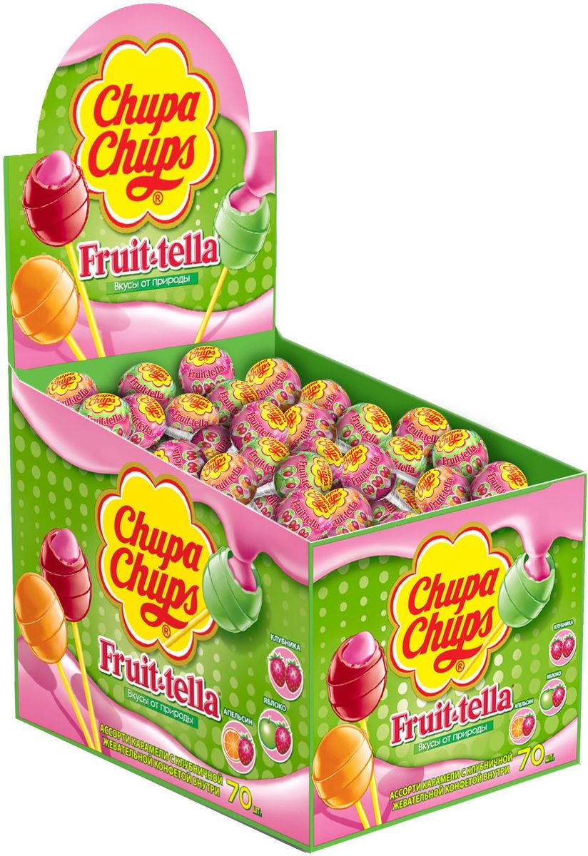 Chupa Chups карамель Fruittella ассорти, 70 шт по 17 г8302474 Chupa Chups карамель Fruittella ассорти, 70 шт по 17 г8302474Карамель Чупа Чупс + Fruit-tella - карамель на палочке с фруктовым соком и жевательной конфетой Фрут-телла внутри. Вкусы: клубника, яблоко, апельсин.