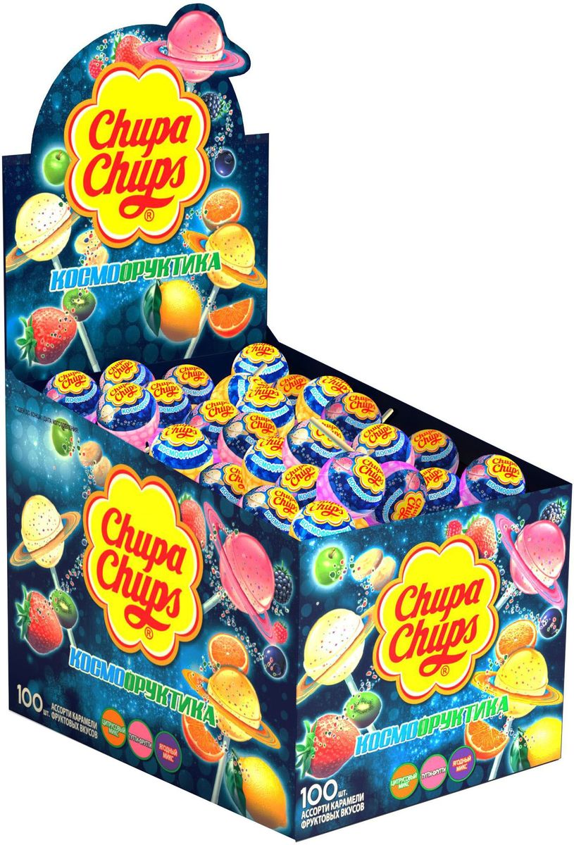 Chupa Chups карамель Космофруктика ассорти, 100 шт по 12 г8252127 Chupa Chups карамель Космофруктика ассорти, 100 шт по 12 г825212712-граммовые леденцы на палочке Chupa Chups с проверенными вкусами Тутти-фрутти, Цитрусовый микс, Ягодный микс.