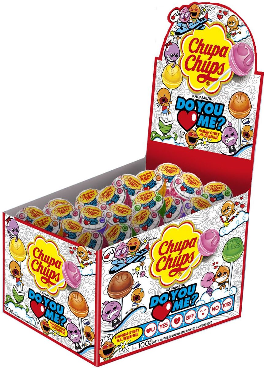 Chupa Chups карамель Do you love me ассорти, 100 шт по 12 г8253202 Chupa Chups карамель Do you love me ассорти, 100 шт по 12 г8253202Карамель на палочке Chupa Chups Do you Love me с сочными фруктовыми вкусами. Первый Чупа Чупс, который дает возможность делиться чувствами с помощью конфет! В линейке 7 различных дизайнов леденца с изображением иконок, отпечатанных на конфете: смайлик, сердце, слова Yes, No и др. Разверните леденец и узнайте ответ на вопрос: Do you Love me?.