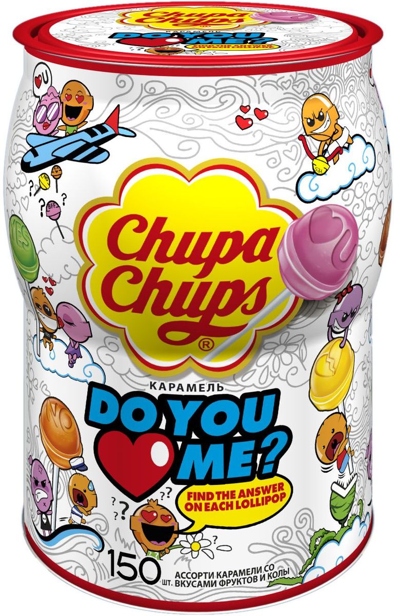 Chupa Chups карамель Do you love me, ассорти 150 шт по 12 г8253204 Chupa Chups карамель Do you love me, ассорти 150 шт по 12 г8253204Карамель на палочке Chupa Chups Do you Love me с сочными фруктовыми вкусами. Первый Чупа Чупс, который дает возможность делиться чувствами с помощью конфет! В линейке 7 различных дизайнов леденца с изображением иконок, отпечатанных на конфете: смайлик, сердце, слова Yes, No и др. Разверните леденец и узнайте ответ на вопрос: Do you Love me?.