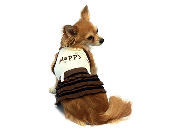 Сарафан для собак Каскад Happy, цвет: бежевый, коричневый. Размер M52000008 Сарафан для собак Каскад Happy, цвет: бежевый, коричневый. Размер M52000008Стильный сарафан для собак Каскад отлично подойдет для прогулок или для дома. Изделие не имеет рукавов, поэтому не ограничивает свободу движений, и собачка будет чувствовать себя в нем комфортно. Спинка модели дополнена надписью Happy, низ украшен оборками. Модный и удобный сарафан согреет вашего питомца во время прогулок и защитит от пыли и насекомых.Длина по спинке: 25 см.