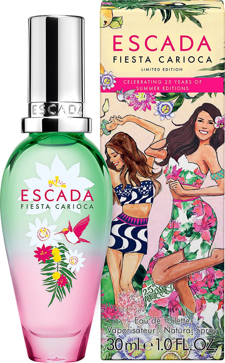 Escada Fiesta Carioca - Туалетная вода женская 30 мл0730870228999 Escada Fiesta Carioca - Туалетная вода женская 30 мл0730870228999В честь 25-летнего юбилея летних лимитированных ароматов от ESCADA бренд дарит своим поклонникам праздник жизни, лета и страсти, представляя новый аромат ESCADA FIESTA CARIOCA. Композиция состоит из ярких фруктовых и цветочных нот, пробуждающих радость бесконечного лета. С ней вы мгновенно переноситесь в мир солнца, тепла и ярких летних эмоций. Сначала вас увлекает за собой сочный аккорд бразильской маракуйи, дополненный нотой ароматной красной малины из Европы, отдающей дань немецким корням Модного дома. В сердце аромата вибрируют страстные нотки пассифлоры и смешиваются с благоухающими цветами апельсина, которые напоминают ласковое прикосновение солнечных лучей к коже. Пленительные фруктово-цветочные ноты уступают место нотам мускуса и кедра в базе, добавляя присущую всем ароматам ESCADA чувственность. Раскройте свою страсть вместе с ESCADA Fiesta Carioca – праздничным ароматом и квинтэссенцией 25-ти лет страсти, летнего настроения и радости жизни!