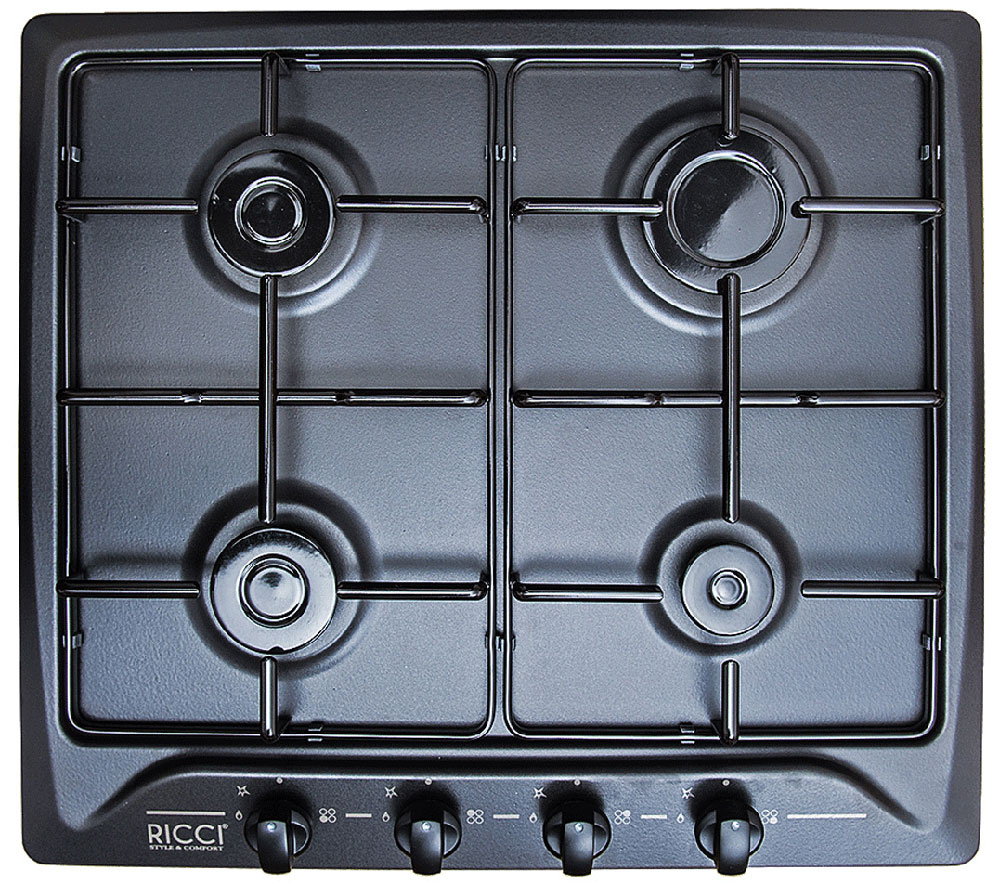Ricci RGN-610BL, Black варочная панель37 RGN-610BL Ricci RGN-610BL, Black варочная панель37 RGN-610BLRicci RGN-610BL - надежная варочная панель с прочными металлическими решетками и эмалированной поверхностью. Она оснащена четырьмя удобными конфорками. Панель также имеет простое механическое управление с электроподжигом.Мощность конфорок: 1х1,75 кВт + 3х1 кВт