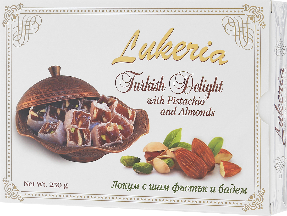 Lukeria рахат-лукум с фисташками и миндалем, 250 гB18082 Lukeria рахат-лукум с фисташками и миндалем, 250 гB18082Превосходный рахат-лукум с фисташками и миндалем от Lukeria.История восточных сладостей насчитывает многие тысячелетия. Благодаря гурманам Ближнего и Среднего Востока во всем мире стали известны халва, нуга, пахлава и конечно, знаменитый рахат-лукум - уже сами эти названия содержат привкус восточных сказок. Отличало их также то, что восточные сладости можно было хранить в теплом климате, и они не теряли своей свежести и не портились.Экзотические лакомства далекого Востока в течение долгого времени были неизвестны европейцам. В Европе они появились примерно в XVII - XVIII веках, их подавали в самых богатых домах как изысканные деликатесы. Вскоре восточные сладости стали признаком тонкого вкуса.Уважаемые клиенты! Обращаем ваше внимание, что полный перечень состава продукта представлен на дополнительном изображении.