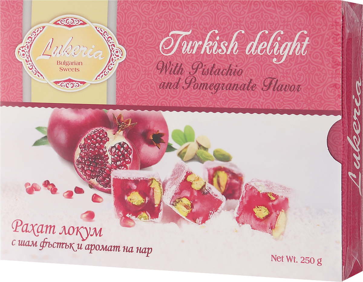 Lukeria рахат-лукум с фисташками и ароматом граната, 250 гB18029 Lukeria рахат-лукум с фисташками и ароматом граната, 250 гB18029Превосходный рахат-лукум с фисташками и ароматом граната от Lukeria.История восточных сладостей насчитывает многие тысячелетия. Благодаря гурманам Ближнего и Среднего Востока во всем мире стали известны халва, нуга, пахлава и конечно, знаменитый рахат-лукум - уже сами эти названия содержат привкус восточных сказок. Отличало их также то, что восточные сладости можно было хранить в теплом климате, и они не теряли своей свежести и не портились.Экзотические лакомства далекого Востока в течение долгого времени были неизвестны европейцам. В Европе они появились примерно в XVII - XVIII веках, их подавали в самых богатых домах как изысканные деликатесы. Вскоре восточные сладости стали признаком тонкого вкуса.Уважаемые клиенты! Обращаем ваше внимание, что полный перечень состава продукта представлен на дополнительном изображении.