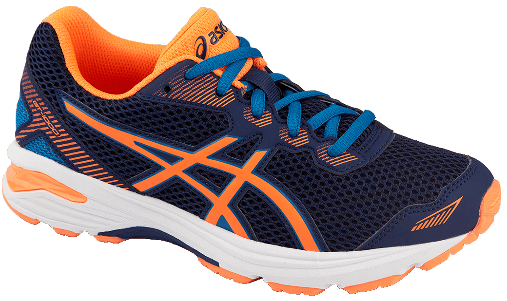 Кроссовки детские Asics Gt-1000 5 Gs, цвет: темно-синий, оранжевый. C619N-4930. Размер 2 (32)C619N-4930 Кроссовки детские Asics Gt-1000 5 Gs, цвет: темно-синий, оранжевый. C619N-4930. Размер 2 (32)C619N-4930Мечтает ли ваш ребенок однажды стать марафонцем или желает быть самым ловким на спортплощадке, детские беговые кроссовки Asics Gt-1000 5 Gs - то, что нужно: амортизация и защита ногам обеспечены. Комфортные упругие кроссовки будто созданы для непрерывной активности. Эта высококлассная модель буквально напичкана техническими фишками. Система поддержки в задней части стопы Gel Support System уменьшает ударное воздействие и делает приземление пружинистым. Средняя подошва Duomax из двух материалов с различной плотностью гарантирует устойчивость стопы. Ощущение легкости в невесомой дышащей модели. Видимость в темноте благодаря светоотражающим деталям.