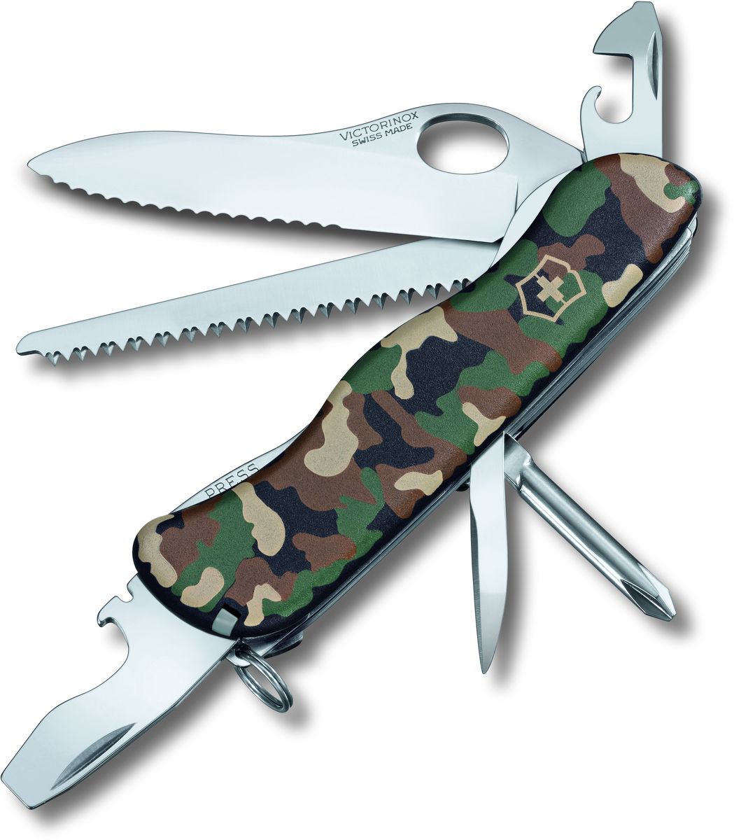 Нож перочинный Victorinox Trailmaster One Hand, 12 функций, длина 11,10.8463.MW94 Нож перочинный Victorinox Trailmaster One Hand, 12 функций, длина 11,10.8463.MW94Перочинный складной нож Victorinox Trailmaster One Hand пригодиться в походе.Клинок из первоклассной нержавеющей стали, пила по дереву, консервный нож, пинцет, шило, все это важные и полезные инструменты которыми обладает складной нож.Благодаря специальной петле на клинке, нож удобно открывать одной рукой. Такой клинок можно легко раскрыть даже в перчатках. Серрейторная (волнистая) заточка лезвия более удобна для разрезания материалов, которые обычному ножу поддаются плохо, таких, как канаты, тросы и ремни безопасности.Функции ножа:- Большой клинок с серрейтором, системой фиксации и петлей.- Открывалка для консервных банок (плоская отвертка).- Открывалка для бутылок (плоская отвертка, паз для снятия изоляции с проводов).- Пила по дереву.- Крестовая отвертка.- Шило.- Пинцет .- Зубочистка.- Кольцо для ключей.