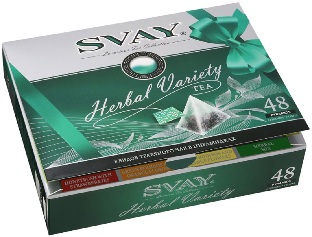 Svay Herbal Variety травяной чай в пирамидках, 48 шт (8 видов)4607003045081 Svay Herbal Variety травяной чай в пирамидках, 48 шт (8 видов)4607003045081Набор чая Herbal Variety создан для любителей легких, изысканных, исключительно натуральных напитков. Каждый травяной чай коллекции Herbal Variety богат витаминами и, благодаря высокому содержанию антиоксидантов, оказывает благоприятное влияние на иммунитет. Ощущение гармонии и легкости с каждым глотком Svay. Чай не содержит кофеина, ароматизаторов и других добавок. Коллекция включает 8 видов травяных и цветочных чаев в пирамидках: - Травяной чай Красный Ройбуш- Травяной чай Ханибуш- Травяной чай Зеленый Ройбуш- Зеленый Ройбуш и цветы апельсина - зеленый травяной чай ройбуш с цветами апельсина и листьями мяты- Ханибуш с ягодами клубники - травяной чай ханибуш с кусочками клубники и листьями малины- Чабрец с малиной- Ромашка с кусочками яблока- Травяной микс - травяной чай ройбуш с кусочками яблока, листьями мелиссы, мяты и вербеныУважаемые клиенты! Обращаем ваше внимание на то, что упаковка может иметь несколько видов дизайна. Поставка осуществляется в зависимости от наличия на складе.